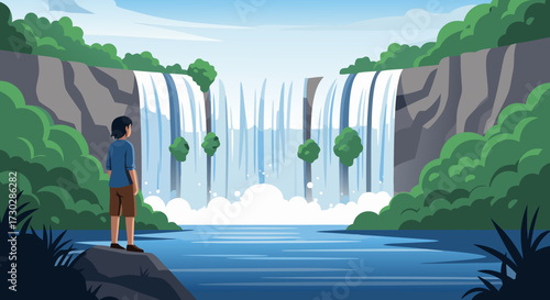 A solitary figure gazes at a majestic waterfall cascading down rocky cliffs surrounded by lush greenery, creating a serene natural landscape