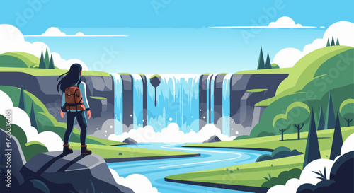 A lone hiker stands on a rocky outcrop, gazing at a breathtaking waterfall cascading into a serene river below, surrounded by lush green hills and a clear blue sky