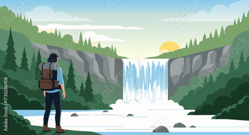 Admire the Majestic Beauty of a Cascading Waterfall Surrounded by Lush Green Mountains and Forests Under a Warm Sunrise Sky, Perfect for Outdoor Adventure and Nature Exploration