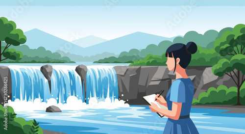 Young woman thoughtfully sketching a beautiful waterfall amidst lush greenery and serene mountains, capturing the essence of nature's tranquility and inspiration