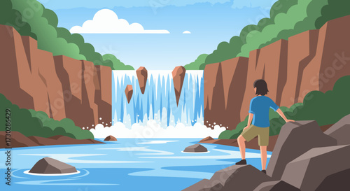 Exploring a breathtaking waterfall vista from a rocky outcrop, a lone figure gazes at the cascading water surrounded by lush green foliage and majestic cliffs