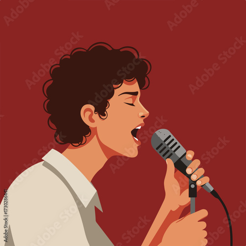 Person singing into a microphone against a solid red background, stylized art