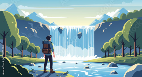 Adventurer gazes at majestic waterfall cascading down a cliff face, surrounded by lush green trees and a serene blue river, embodying the spirit of exploration and natural beauty