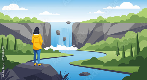 Serene Waterfall Vista A Woman Gazes at Cascading Waters Amidst Lush Greenery and Rocky Cliffs, Evoking Peace and Natural Wonder