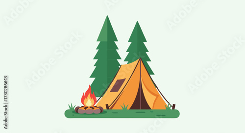 Vibrant yellow tent glows in the warm light of a crackling campfire, surrounded by tall evergreen trees in a serene natural outdoor setting