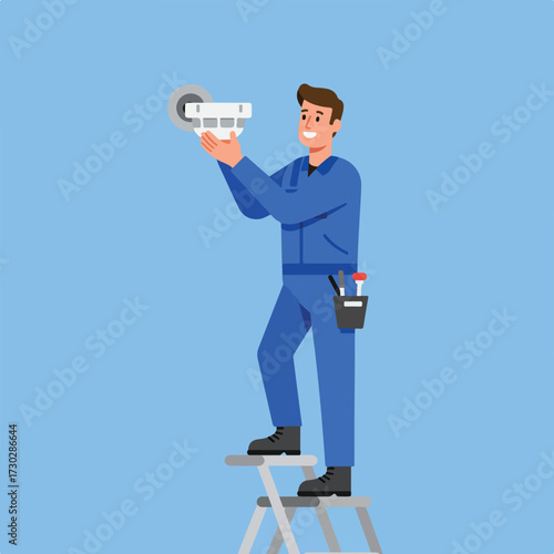 Cartoon man in blue overalls installing a security camera