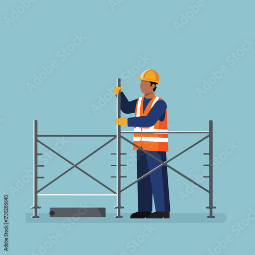Builder erecting metal scaffolding, wearing safety gear on a blue background