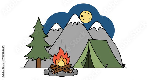 A picturesque camping scene unfolds with a cozy campfire, a vibrant tent, and majestic mountains under a starry night sky with a glowing moon, evoking adventure and nature's beauty
