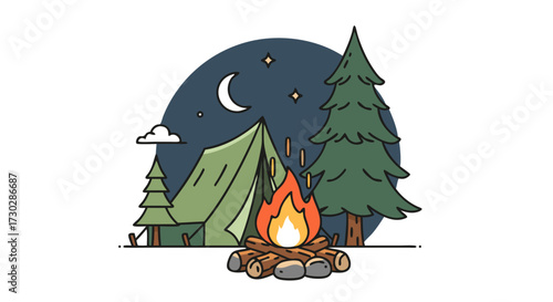 Camping and campfire scene at night with a tent and pine trees, evoking a sense of adventure and outdoor recreation under a starry sky