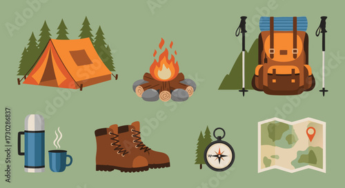 Illustration of camping and hiking gear, including a tent, campfire, backpack, boots, map, and compass, perfect for outdoor adventure and travel themes