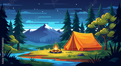 Serene mountain landscape at dusk with a glowing campfire and orange tent, illustrating a peaceful camping adventure in the wilderness under a starlit sky, evoking tranquility and exploration