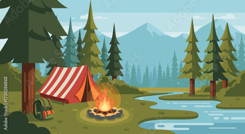 Scenic illustration of a campsite with a tent, campfire, and backpack nestled beside a flowing river surrounded by pine trees and mountains under a clear sky