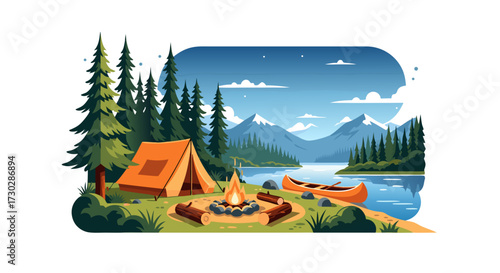 Vibrant Camping Scene with a Tent, Campfire, and Canoe by a Serene Lake Surrounded by Majestic Mountains and Lush Pine Trees Under a Clear Blue Sky