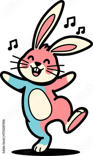 Happy bunny dancing with musical notes. Cute animal illustration for a kid's design on transparent background. Joyful character.