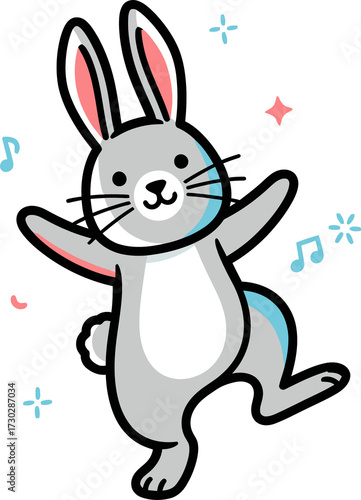 Happy gray bunny with pink ears dancing. Cute rabbit character illustration for happy Easter holiday, greeting card, children design on transparent background.