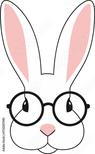 Funny bunny head wearing glasses on transparent background. Cute rabbit face for Easter and spring decor.