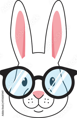 White bunny head wearing glasses on transparent background. Cute rabbit avatar for Easter. Animal character for kids.