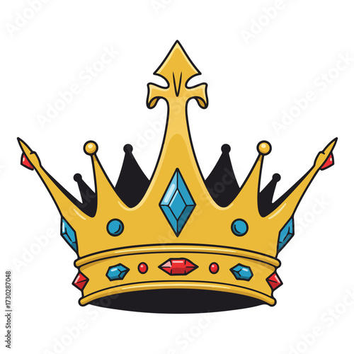 Golden crown adorned with jewels on white background, detailed outlines, flat style
