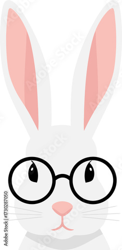 White rabbit wearing glasses on transparent background. Cute bunny head with black rimmed spectacles. Smart animal character design for kid.