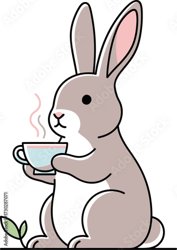 Cute rabbit holding a cup of hot drink on transparent background. Sweet animal character enjoying tea time. Easter holiday illustration.