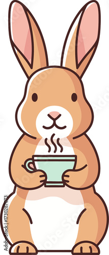 Rabbit holding a steaming hot cup. Cute bunny character with drink on transparent background.