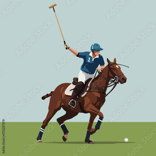 Polo player swings mallet riding horse on grass near ball, number 1 on shirt