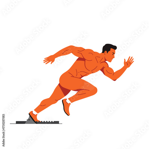 Orange toned, muscular man beginning to run from starting blocks