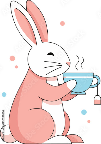 Pink rabbit holding steaming tea cup. Easter bunny drinking hot beverage on transparent background. Cute animal illustration for spring holiday.
