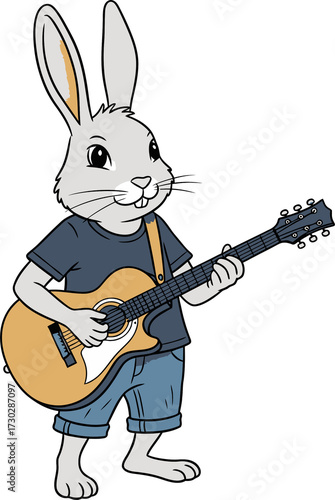 Rabbit playing acoustic guitar on transparent background. Cute bunny musician character. Music performance for kids.
