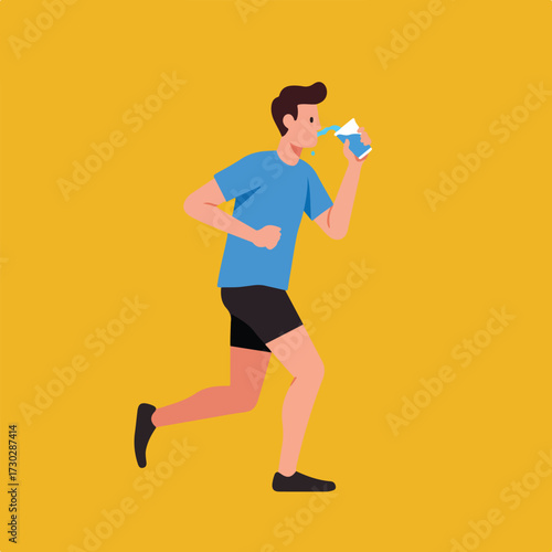 Man running and drinking water on gold backdrop in flat art style