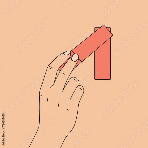 Hand holding a coral-colored rectangular shape on a peach background