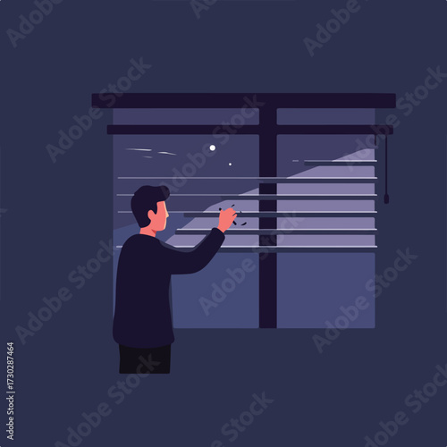 Person opens window blinds at night
