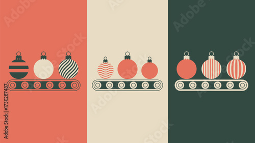 Ornaments moving along a conveyor belt in three color variations with different background colors set up