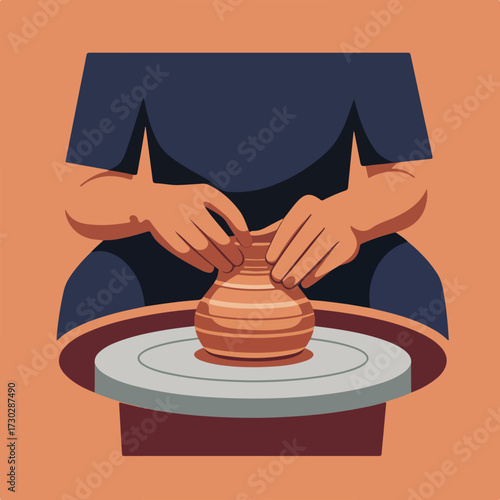 Hands shaping clay on potter's wheel