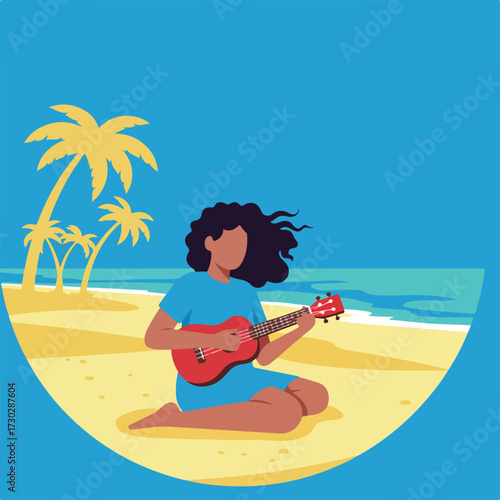 Woman plays ukulele on the beach with palm trees and blue sky background