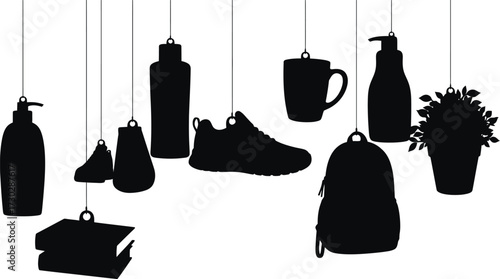 Silhouette of hanging objects isolated on white background the objects include a shoe, bag, book, bottle, plant, cup, and other items, all suspended by strings