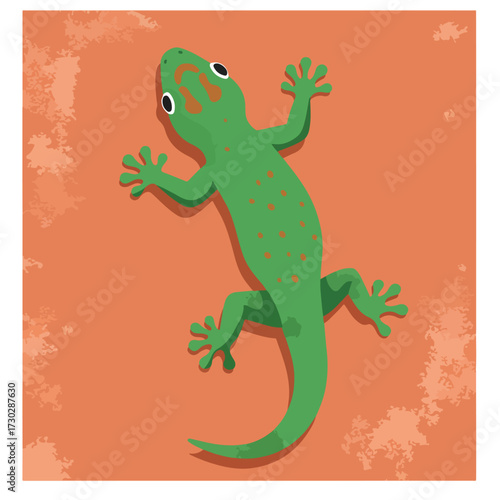 Green gecko with orange spots clings to a textured orange surface
