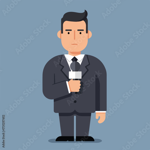 Flat illustration of news reporter holding microphone in suit