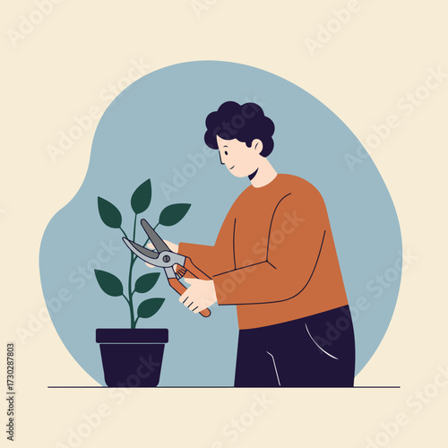 Person trims houseplant with shears in potted plant