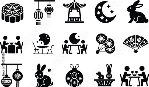 Mid Autumn Festival mooncake rabbit lantern icons, Chinese traditional celebration symbols, moon stars tea family gathering vector illustration design set