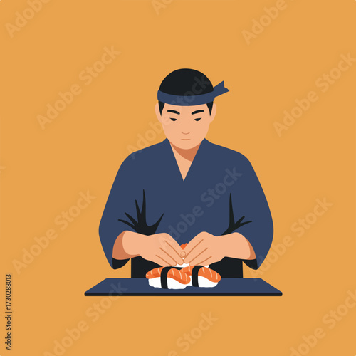 Sushi chef making nigiri on board, orange background
