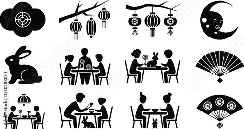 Mid Autumn Festival lantern rabbit moon family dinner icons, Chinese traditional celebration fan cultural illustration vector holiday design set