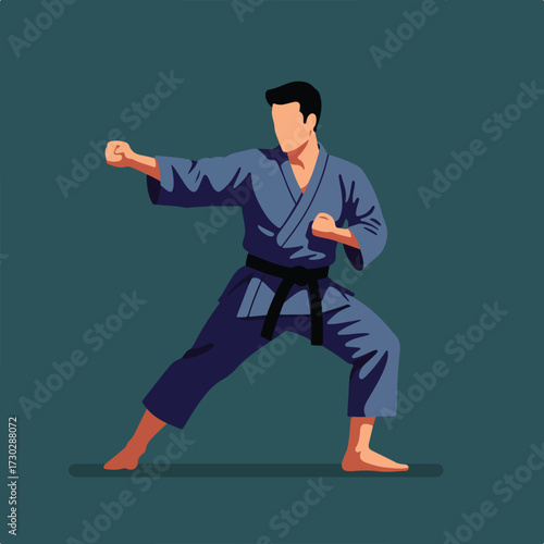 Faceless person in gi executing punch with teal background, minimalist style