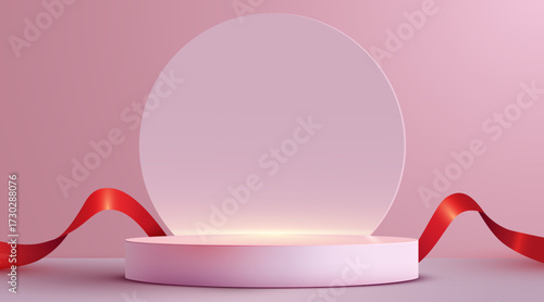 Podium scene background with ribbon. Product presentation, mock up. Winner stage pedestal or platform. Vector illustration