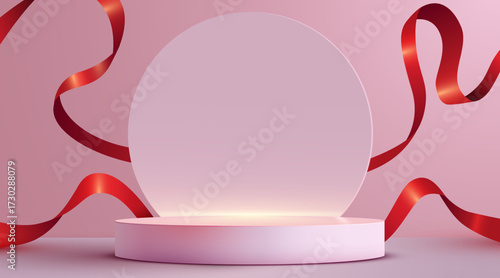 Podium scene background with ribbon. Product presentation, mock up. Winner stage pedestal or platform. Vector illustration