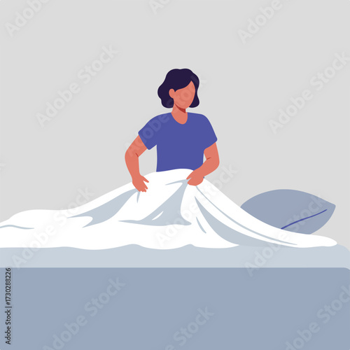 Figure sits up in bed pulling up a white sheet on blue frame/pillow