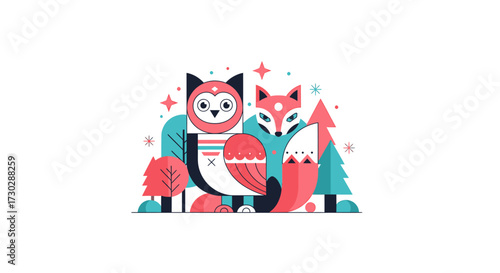 A flat design illustration presents a modern interpretation of a mystical forest guardian, blending traditional folk symbolism with a clean, contemporary aesthetic.