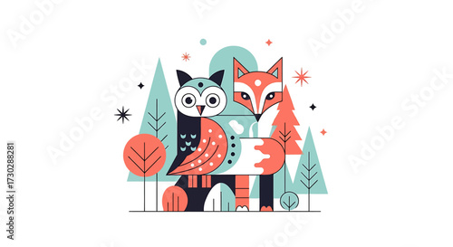 A flat design illustration presents a modern interpretation of a mystical forest guardian, blending traditional folk symbolism with a clean, contemporary aesthetic.