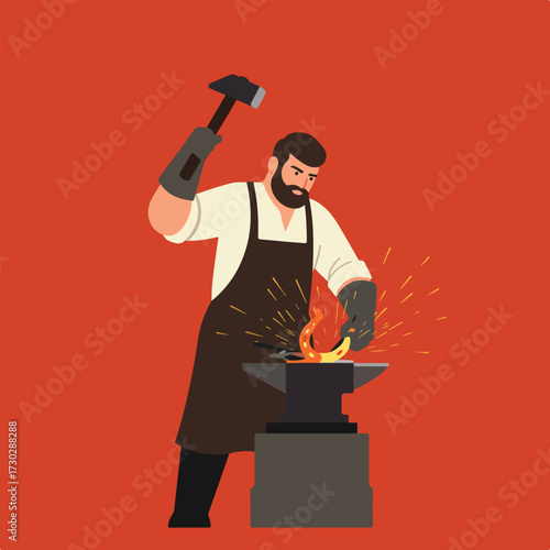 Blacksmith forging horseshoe on anvil with hammer. Sparks fly. Flat illustration