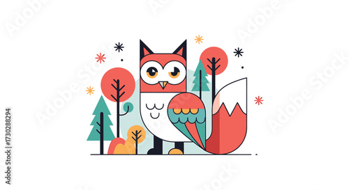 A flat design illustration presents a modern interpretation of a mystical forest guardian, blending traditional folk symbolism with a clean, contemporary aesthetic.